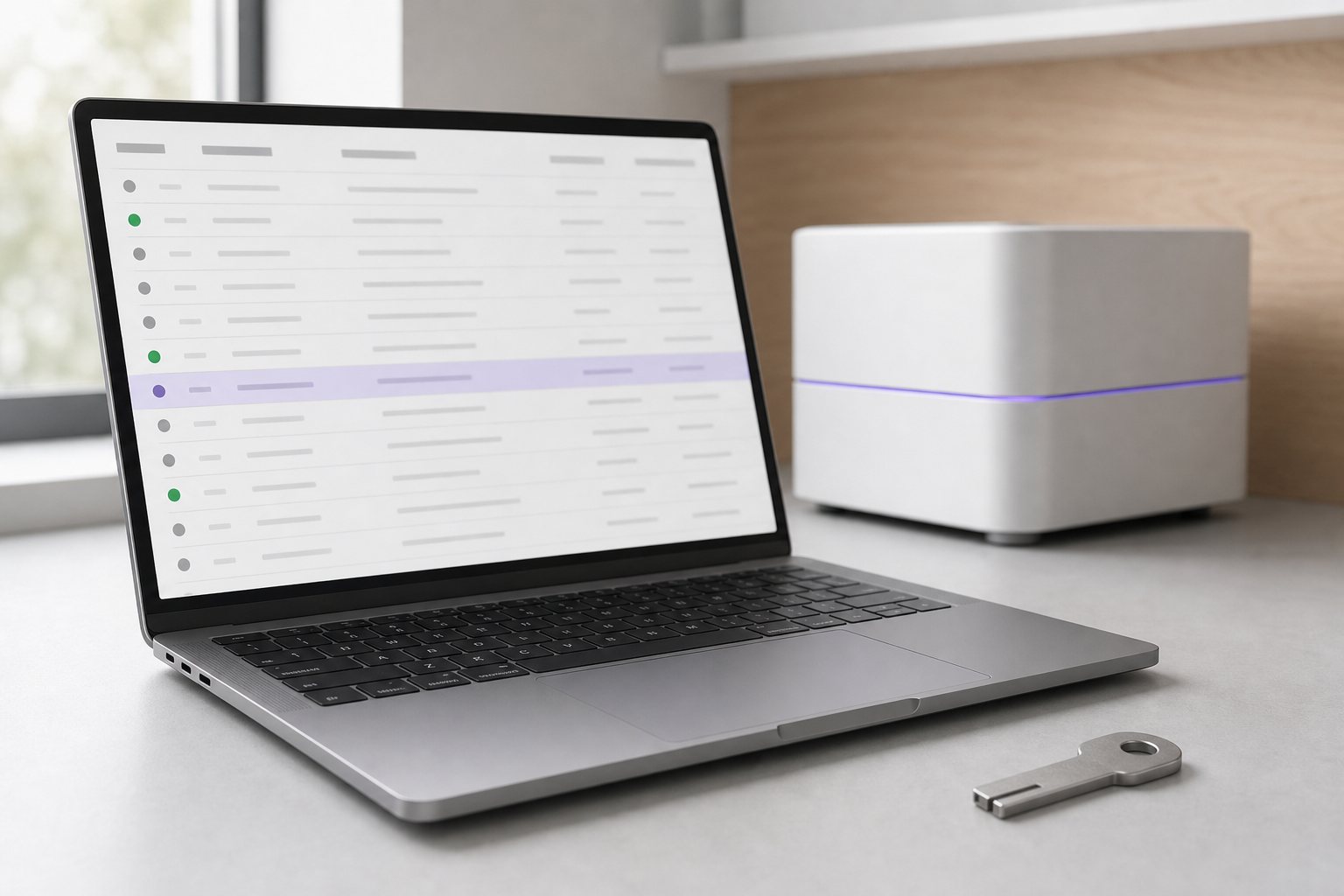 A laptop on a pale grey desk showing an access and activity record as a list of rows with status marks, one row highlighted in violet, beside a small brushed metal key and a local AI server