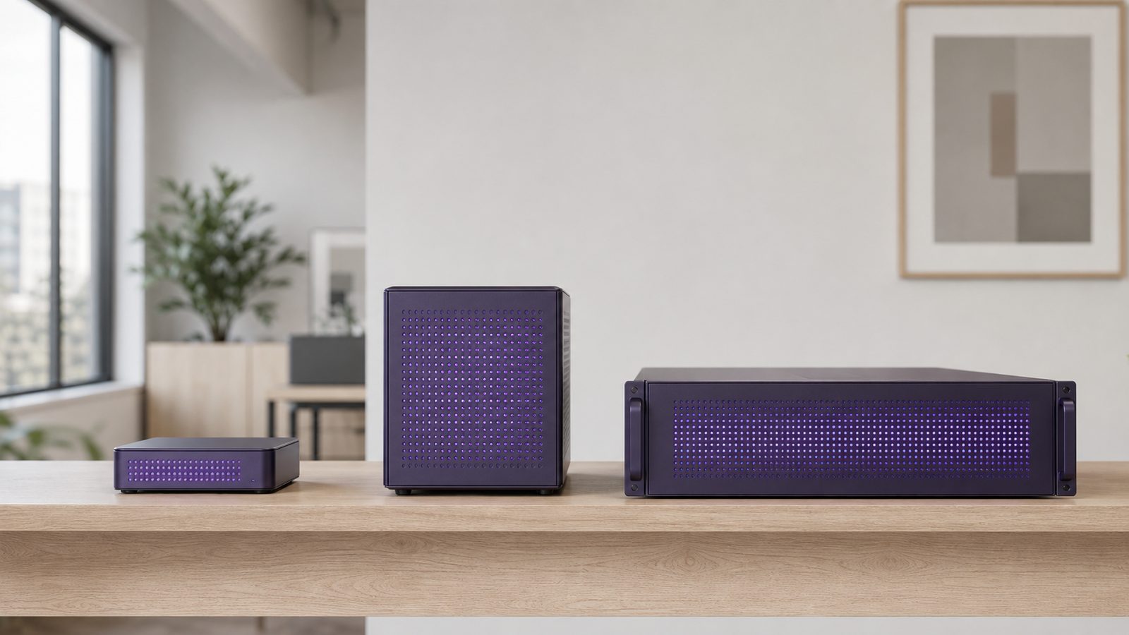 Three violet local AI server units of increasing size arranged left to right on a pale oak shelf