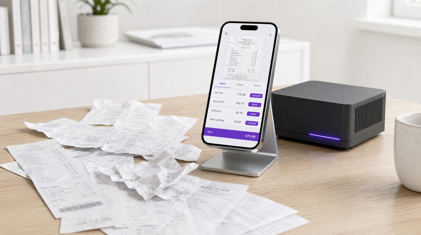 A spread of paper receipts on a desk beside a smartphone showing the InstaClaim app with each receipt turned into an itemised, categorised claim line and a running total