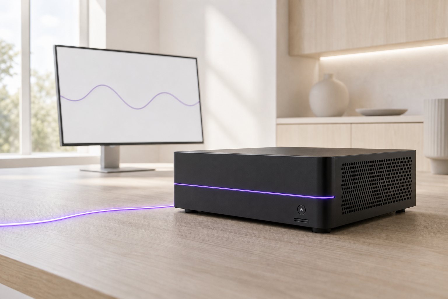 A compact local AI server on a pale oak desk with an unbroken violet light seam flowing off the edge of the frame, beside a monitor showing a continuous activity waveform with no usage cap or limit marker