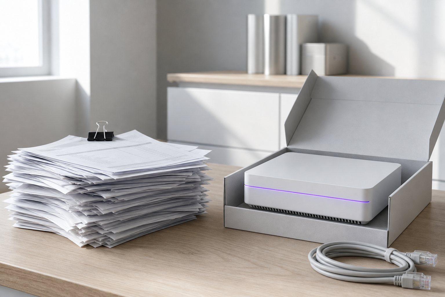 A stack of printed monthly billing statements on one side of a desk and a new compact local AI server half out of its packaging on the other