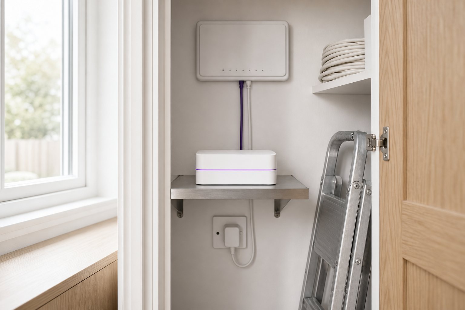 A compact local AI server on a wall shelf inside a tidy utility cupboard, with its network cable and power lead neatly dressed down the wall to a socket