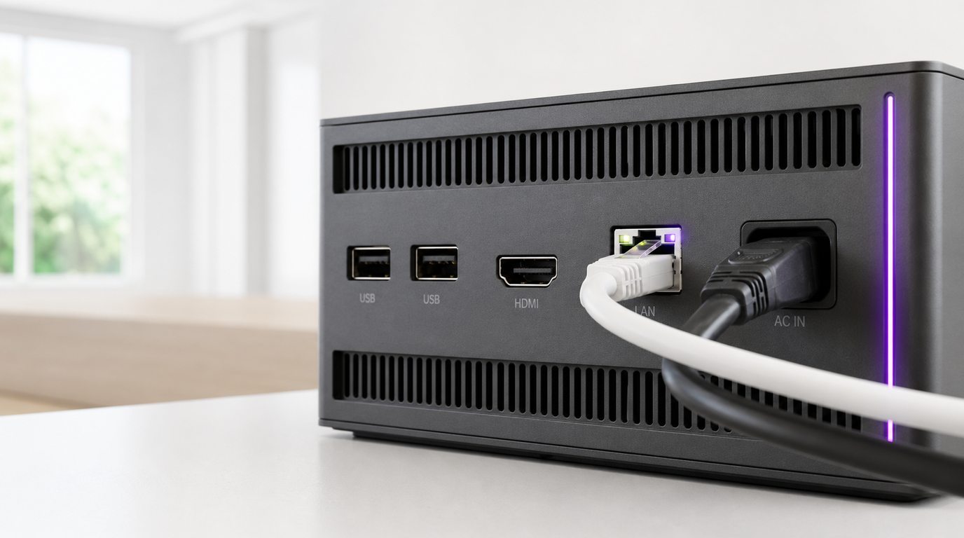 Close-up of the rear panel of a local AI server with an ethernet cable and power lead seated in their ports and a violet status light strip glowing beside them