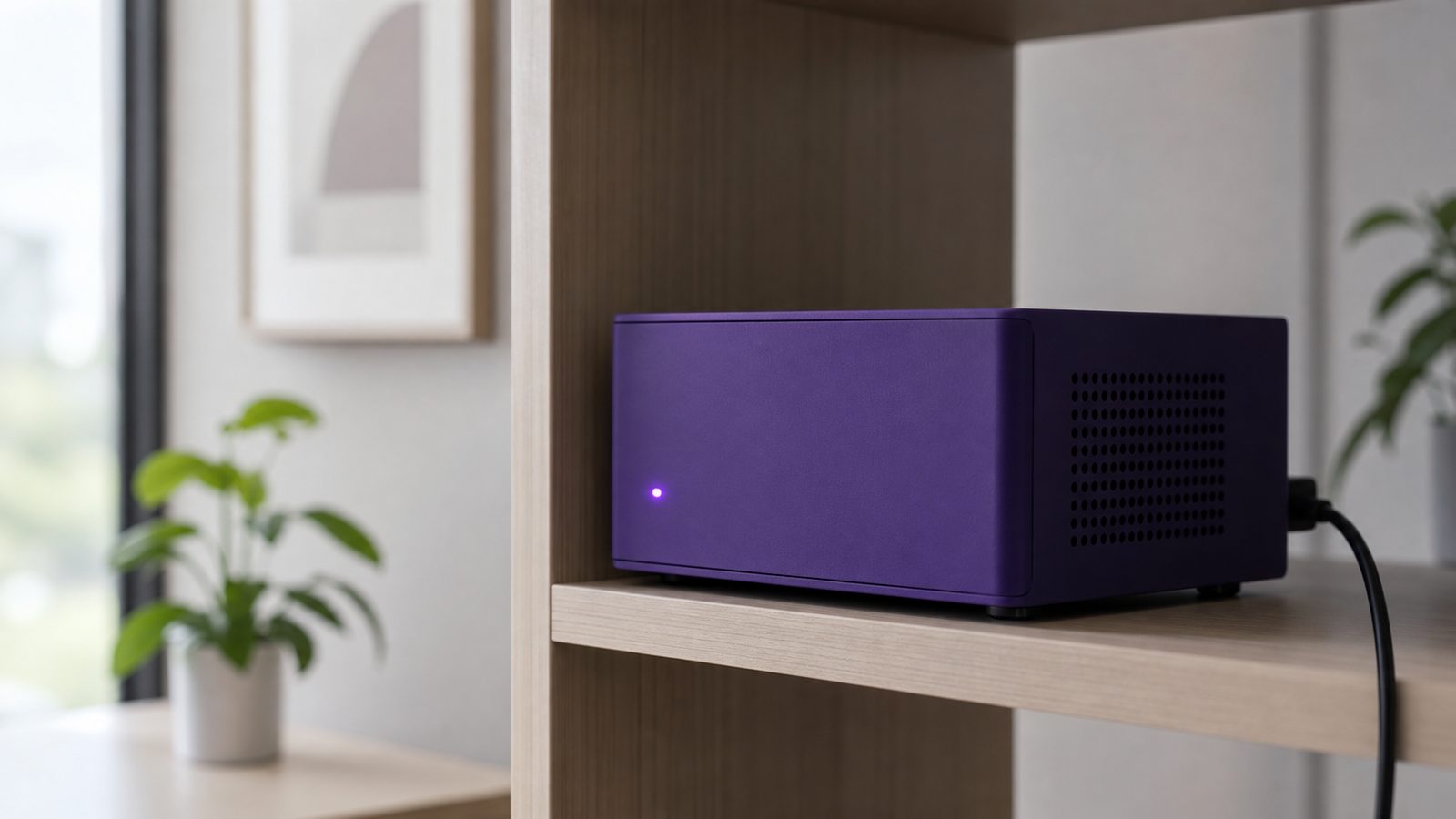 A violet local AI server on a shelf in a tidy office corner with a single steady status light glowing