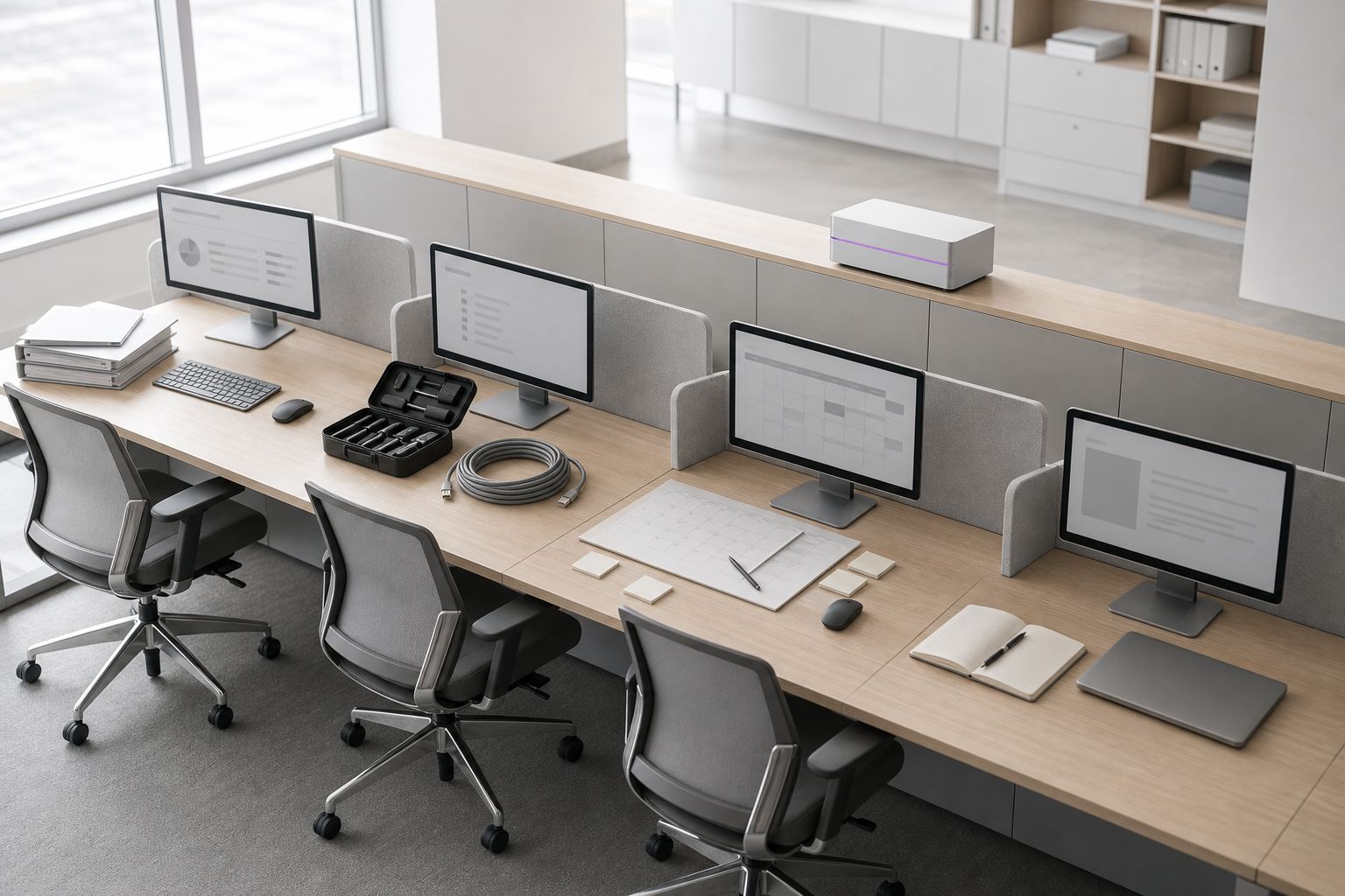 Four adjacent empty workstations along one office bench, each set up for a different kind of work, sharing a single local AI server on the credenza behind