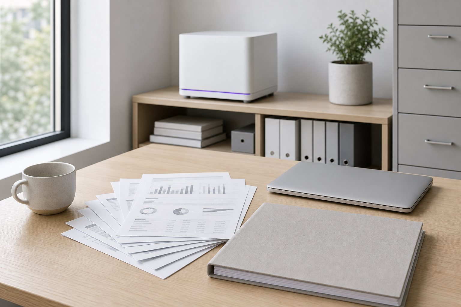 A professional services desk with printed financial statements, a bound folder and a closed laptop, with a compact local AI server on the shelf behind