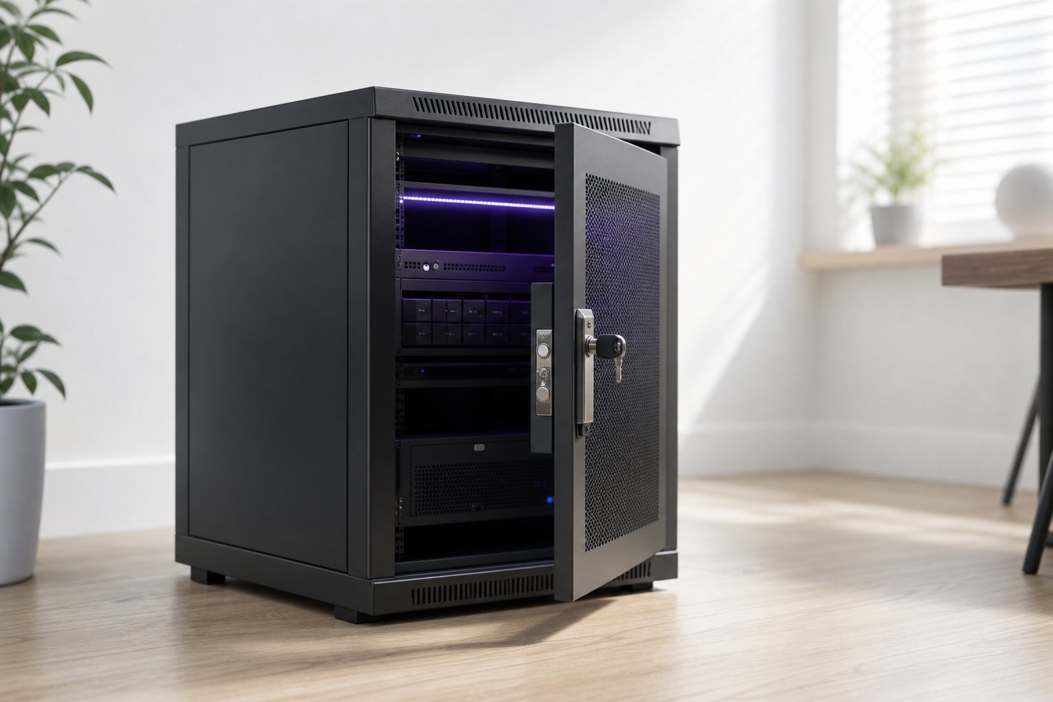 A small home-office server cabinet with a glowing violet LED strip and a lock detail, representing physical ownership of your own AI hardware