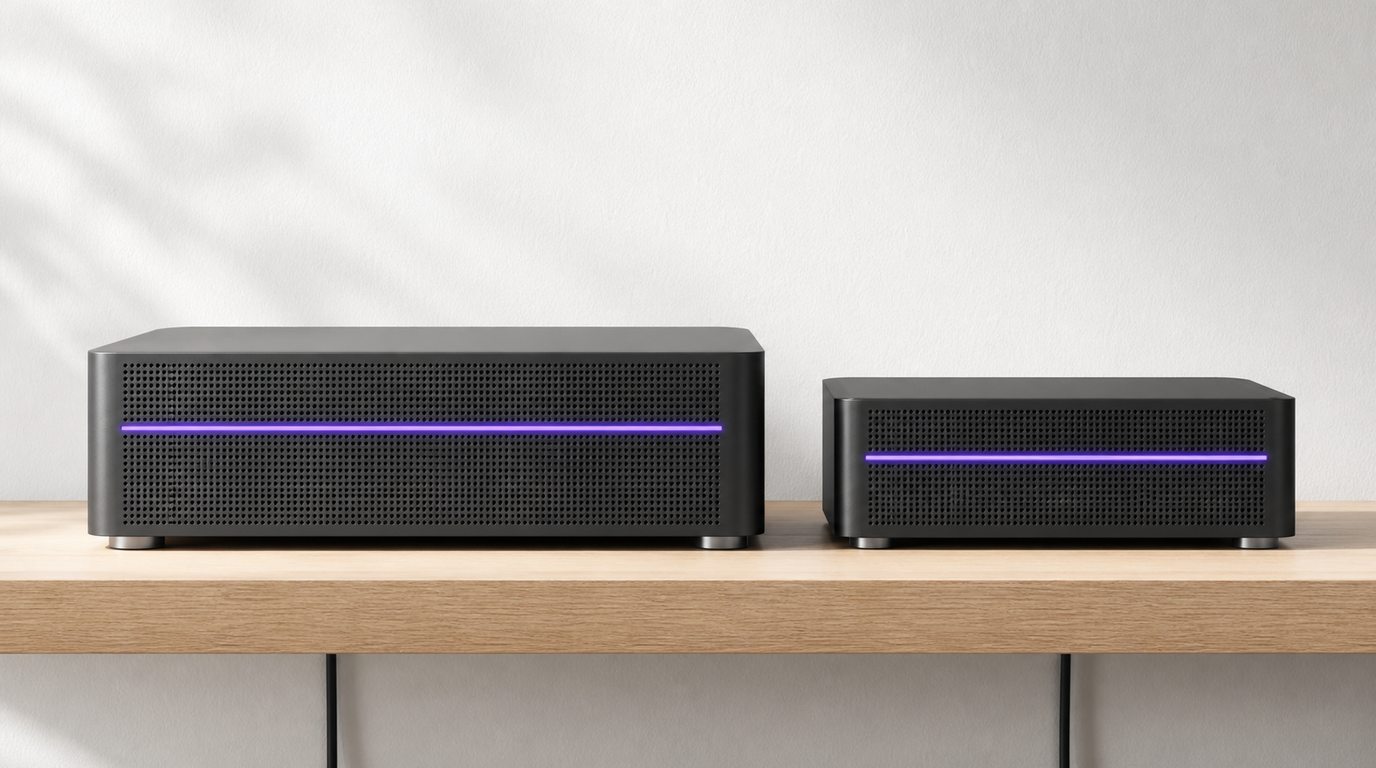 Two local AI server units of different sizes side by side on a pale oak shelf, each with a violet LED light strip across its front
