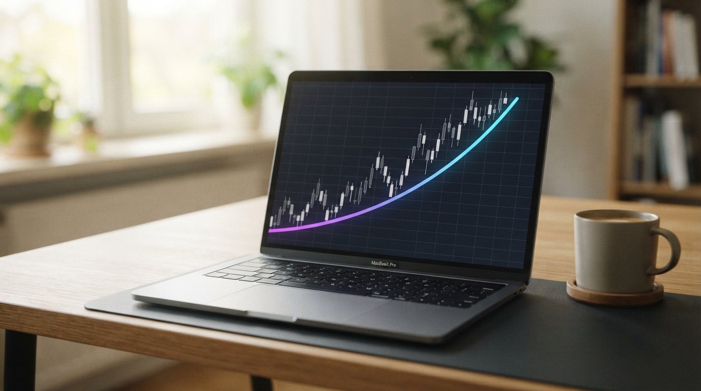 A laptop showing a stock candlestick chart with a violet trend line moving upward