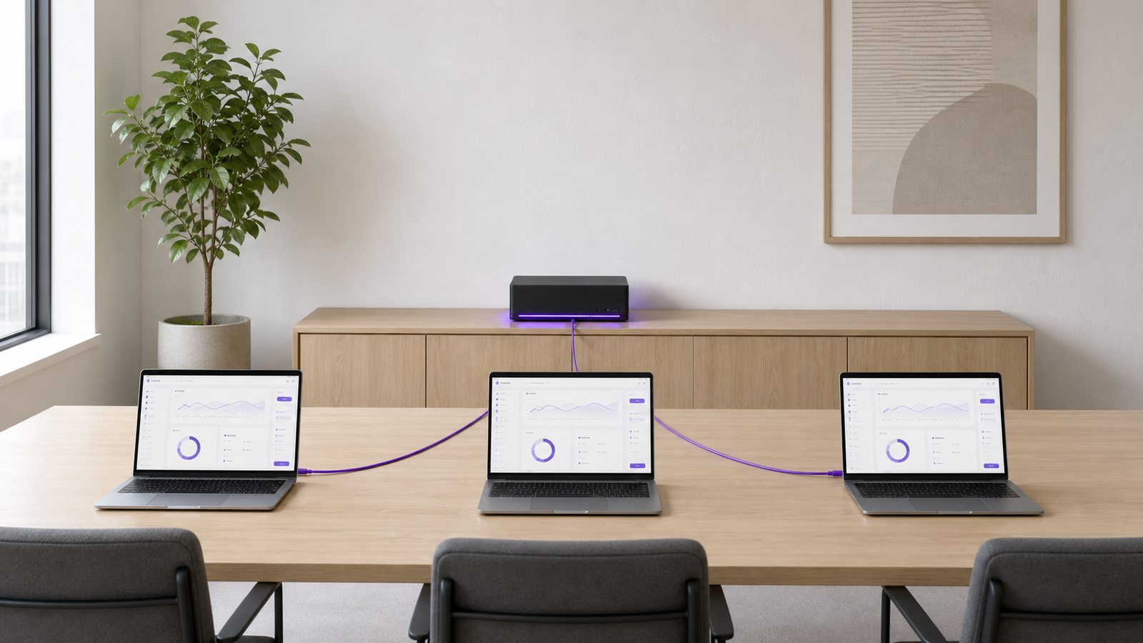 Three laptops on a shared meeting table, each linked by a violet cable to a single local AI server on the credenza behind them