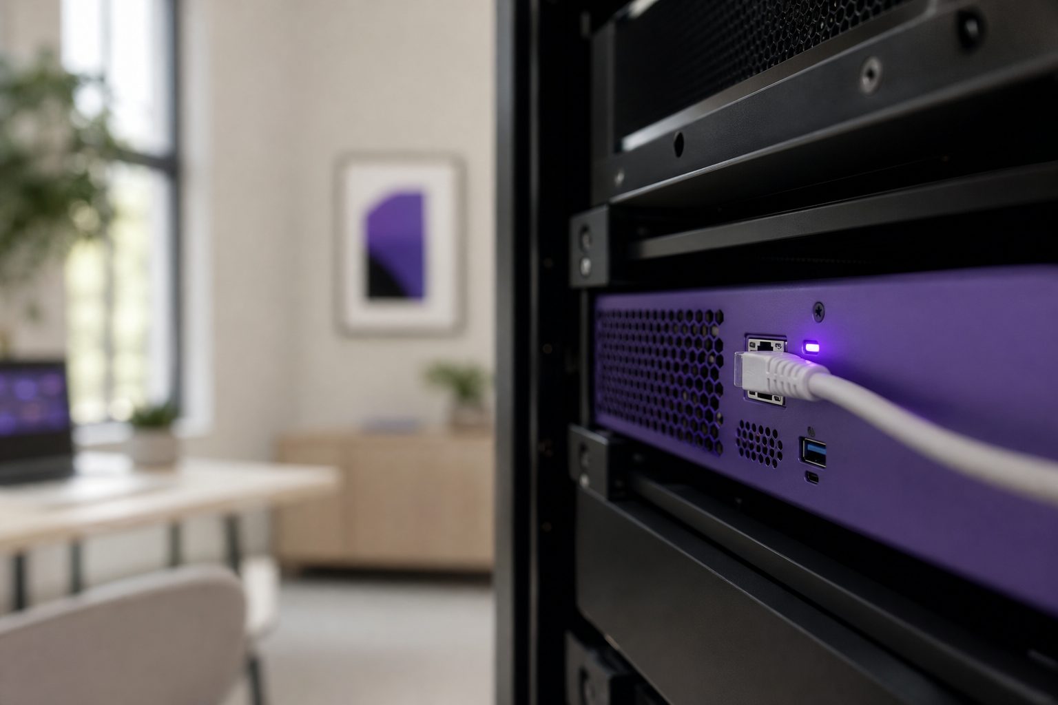 Macro detail of an ethernet cable plugged into the back panel of a violet local AI server beside a glowing status LED