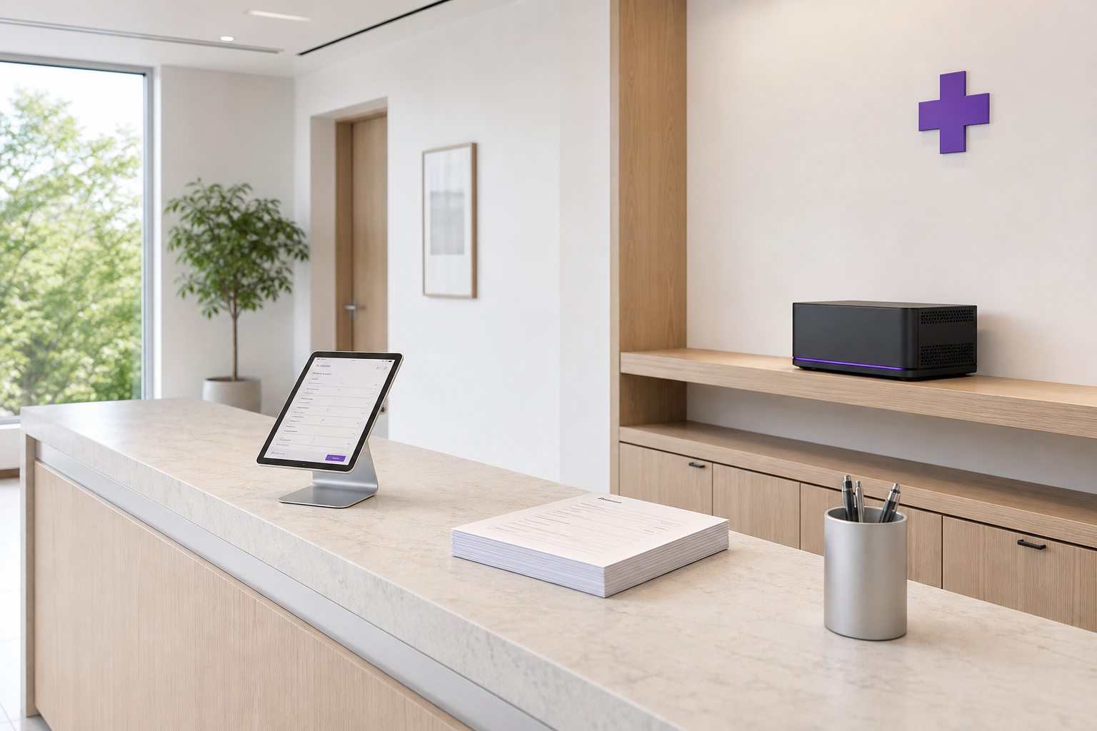 A clinic reception counter with a patient intake tablet and a stack of forms, and a local AI server on the shelf behind it